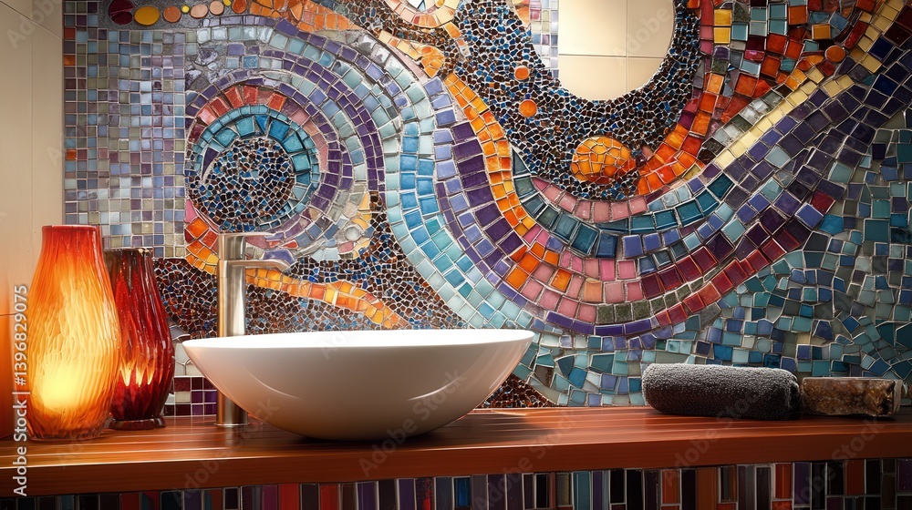 Poster mosaic tile wall that combines vibrant colors and intricate patterns, creating an alluring focal poi