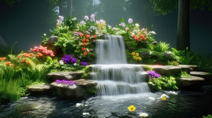 Naklejka premium Lush waterfall cascading through vibrant floral garden nestled amidst a serene forest