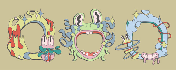 Psychedelic 70s frame set - bizarre funky monster borders, surreal groovy creature illustrations. Trippy alien hippie characters forming decorative round compositions. Colorful quirky doodle elements.