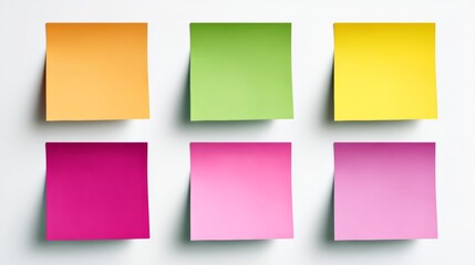 Row of colorful sticky notes are lined up on a white background. The colors are orange, green, yellow, pink, and purple. The notes are arranged in a neat row