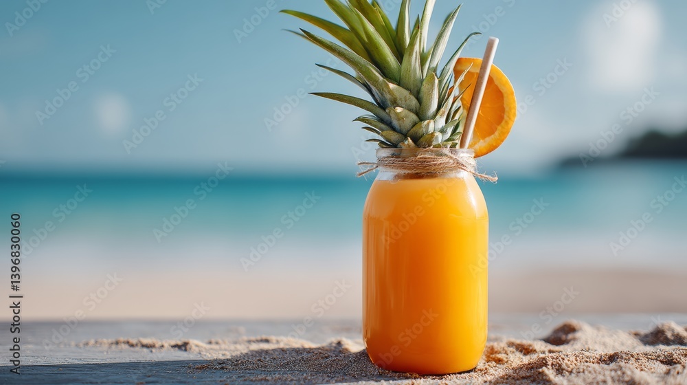 Poster glass of orange juice with a straw and a pineapple slice on top. the scene is set on a beach with th