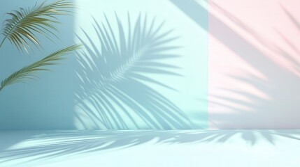 pastel walls and palm leaf shadows evokes the stillness and warmth of a tropical summer in the empty space.