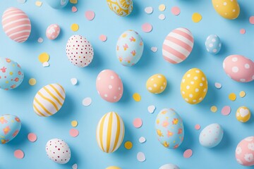 Fototapeta premium A pastel paradise of Easter eggs celebrating spring's joyful arrival on a light blue background with confetti.