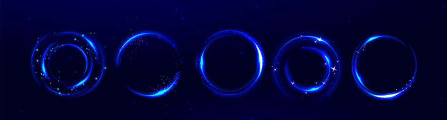 Blue neon glowing circles set on dark background - futuristic round frames, shiny rings with stars, light swirls. Shimmering glossy bubble shapes, magic portal element for fantastic design, hi-tech ui