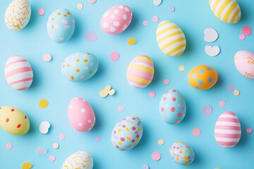 Fototapeta premium A pastel-colored Easter egg celebration, joyfully scattered across a light blue background, bringing springtime cheer and festive spirit with confetti accents.