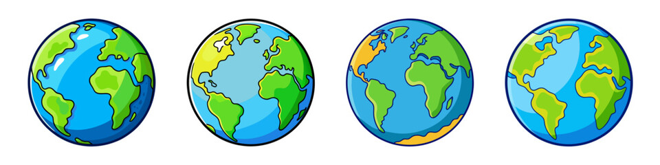 Four Different Cartoon Illustrations of Planet Earth Showing Continents and Oceans