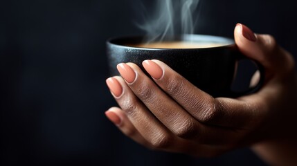 Person holding a black coffee cup with steam coming out of it. The person has painted nails and is holding the cup with their hands