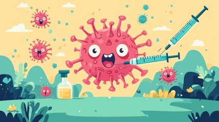 Obraz premium Cartoon virus happily injected with vaccine in nature.