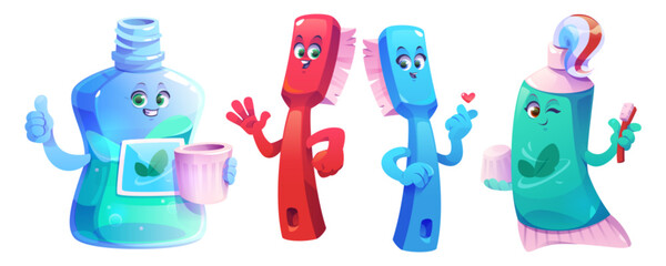 Kids tooth care characters set isolated on white background. Vector cartoon illustration of cute toothbrush, mint toothpaste, mouthwash bottle mascots, dentist health care clinic, oral hygiene symbols