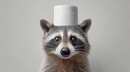 Obraz premium Raccoon is wearing a toilet paper hat. The raccoon is smiling and looking at the camera