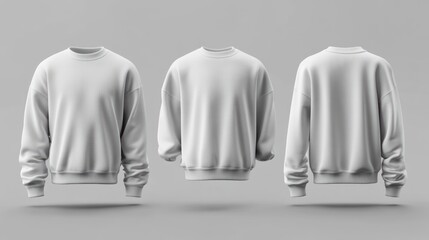 White crewneck sweatshirt mockup, front, side, back views.