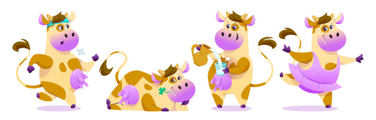 Funny cow characters set isolated on white background. Vector cartoon illustration of cute farm animal with udder running, lying, pouring glass of milk, dancing ballet, nice dairy product mascots