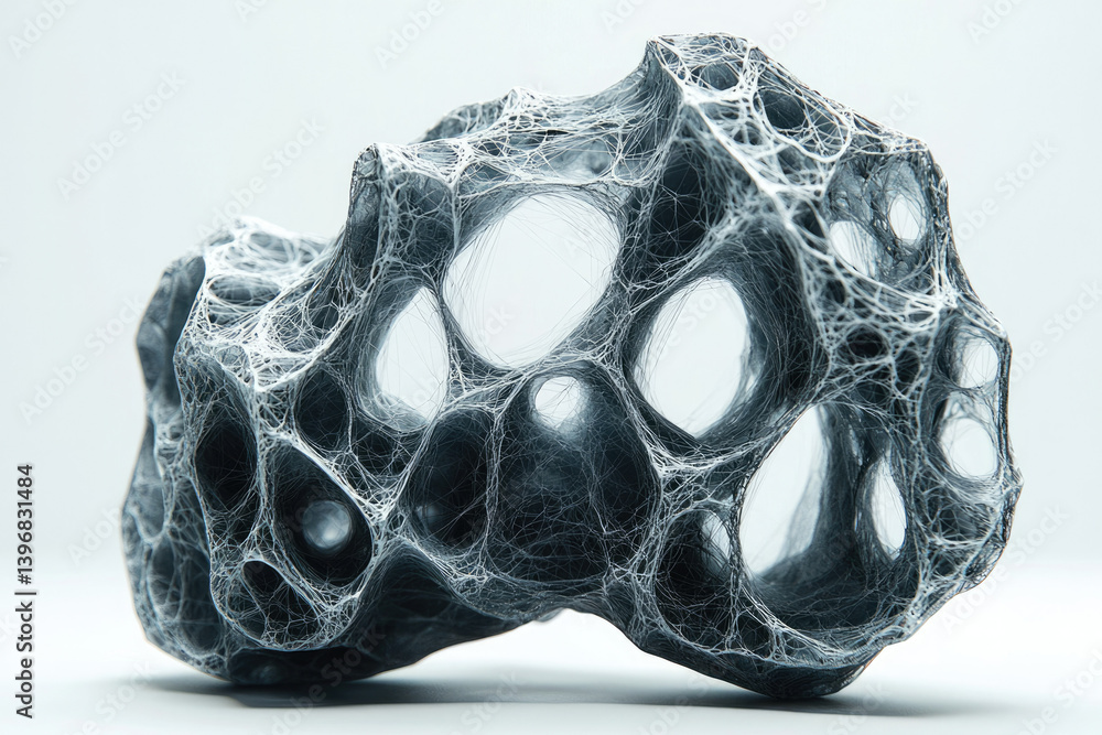 Poster A porous, web-like structure with numerous openings, appearing as a detailed abstract form in grayscale against a bright background.