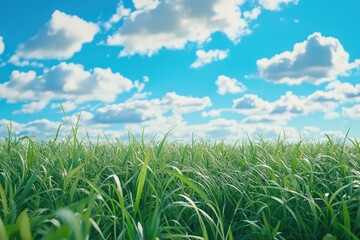 Obraz premium A vibrant field of green grass under a beautiful blue sky filled with fluffy clouds.
