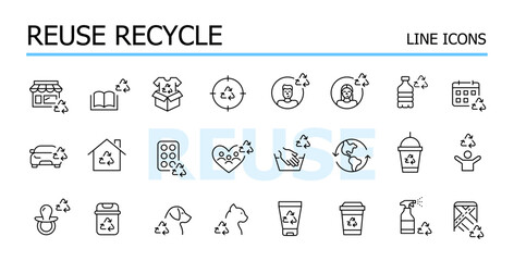Green living, sustainable lifestyle. Reuse, recycling and waste management. Vector icons set