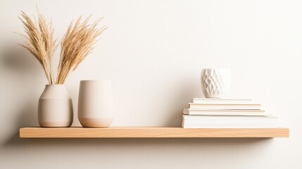 Minimalist shelf display featuring vases with dried grass, stacked books, and a decorative cup