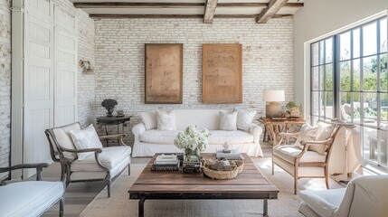 white-painted brick wall adds rustic elegance to the scene, with its weathered and timeless appearance offering a unique backdrop for design work.