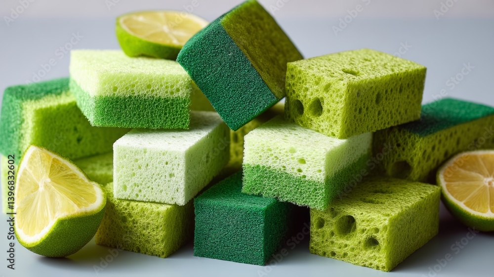 Poster pile of green and lime sponge blocks with a lime on top. the lime is cut in half and is placed on to