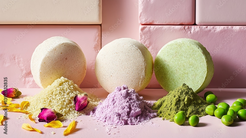 Poster three different colored bath bombs are displayed on a pink background. the bath bombs are in the sha