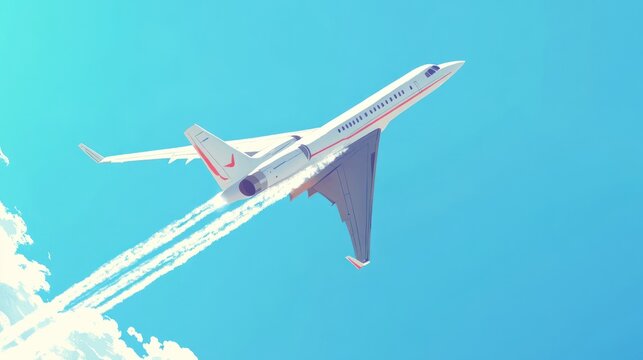 Supersonic jet airplane flying high above clouds in a clear blue sky.