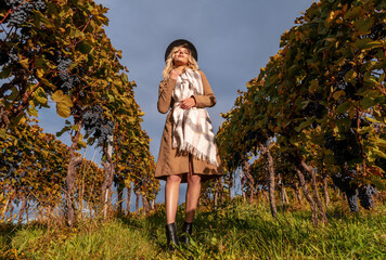 Elegant woman enjoying nature in an autumn vineyard in Stuttgart, Germany