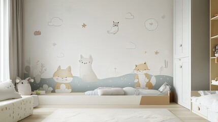 minimalist mural in a children's room featuring pastel-colored animals, including a playful kitten, a cute dog, and a little fox, perfect for a cozy space.