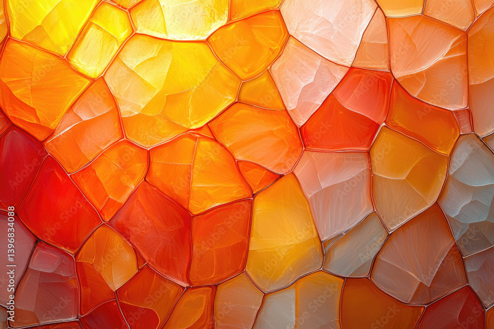 Poster Abstract mosaic with warm tones showcasing a cellular structure of tessellating polygons. Varying from red to yellow, with textured surface.