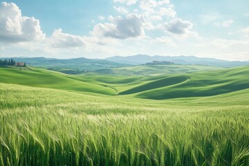 Naklejka premium A picturesque view of rolling green hills and wheat fields under a vibrant blue sky.