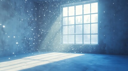 window offering a glimpse of soft snowflakes falling quietly, creating a serene atmosphere within the space.