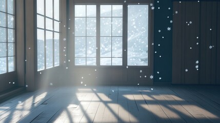 window offering a glimpse of soft snowflakes falling quietly, creating a serene atmosphere within the space.