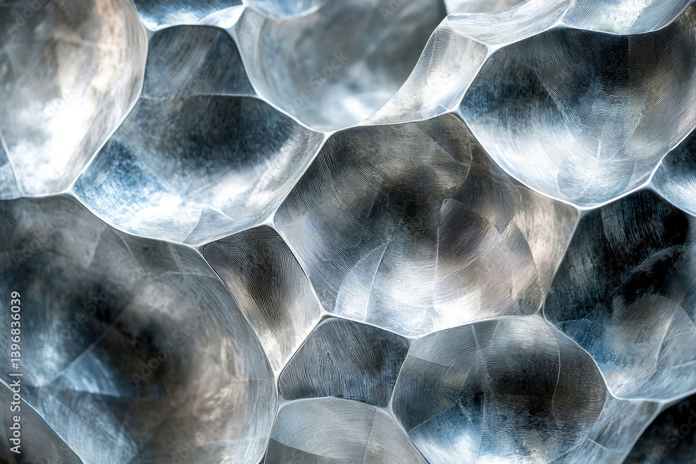Aufkleber close-up of a textured, silver-colored, cellular structure with hexagonal shapes, reflecting light a