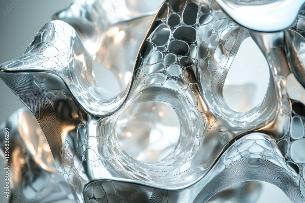 Poster a futuristic, silver, abstract sculpture featuring a complex, organic pattern with reflective surfac