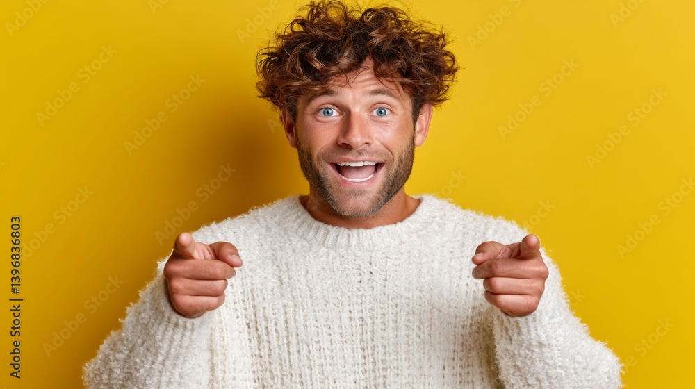 Poster man with curly hair is pointing to something on a yellow background. he is smiling and he is happy