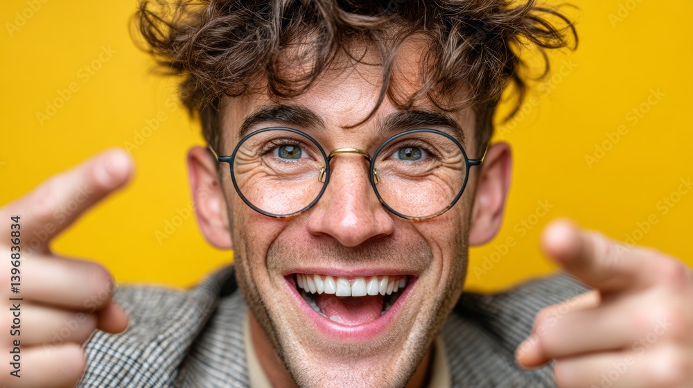 Poster man with glasses is smiling and pointing to the camera. concept of happiness and positivity