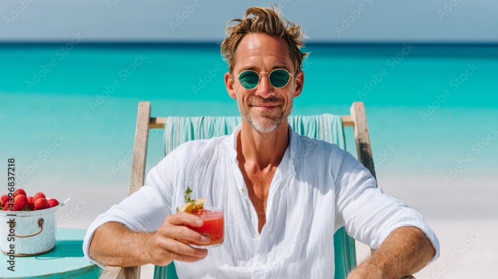 Aufkleber man is sitting on a chair on a beach with a drink in his hand. he is smiling and enjoying the view o
