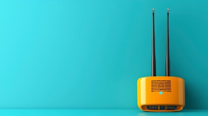 Bright Orange Wi-Fi Router with Antennas Against a Vibrant Turquoise Background for Technology and Connectivity Themes