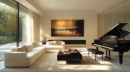 Fototapeta premium piano graces the space in this modern living room, offering an elegant and refined touch amid the room chic, minimalist decor