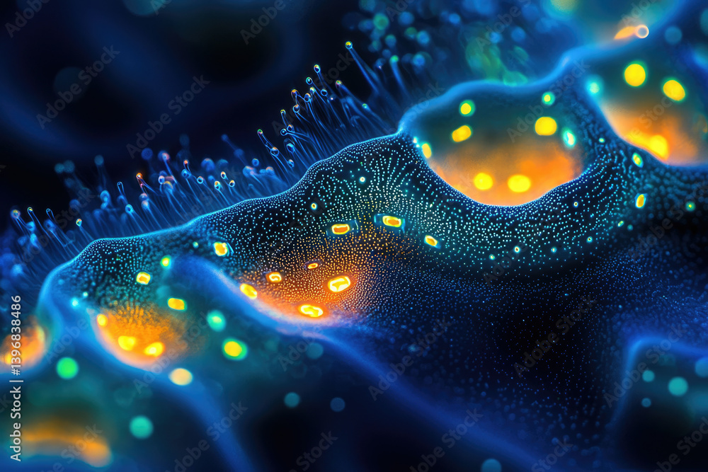 Poster Abstract microscopic view with glowing particles and filament structures in shades of blue, orange, and yellow.