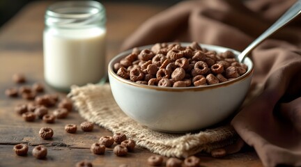 Obraz premium Delicious Chocolate Cereal Bowl with Milk for Breakfast