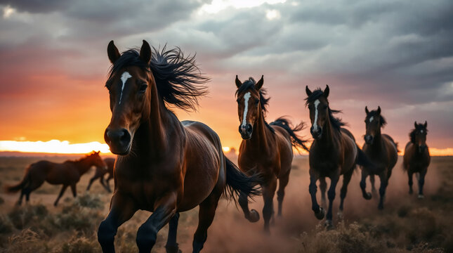 Group of beautiful bay horses running in wild nature at sunset. Five brown stallions running in a prairie