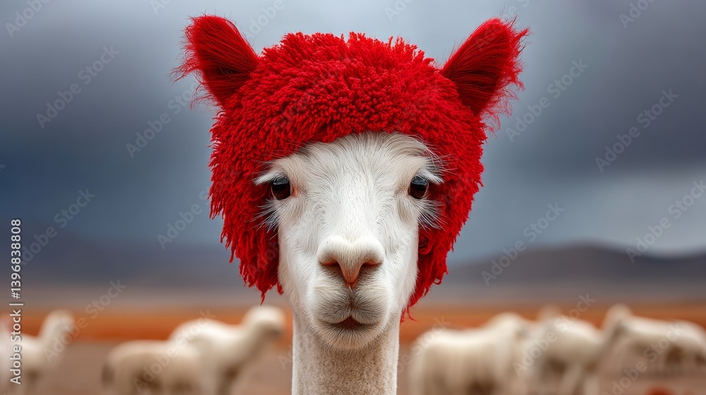 Poster white llama with a red hat on its head. the llama is the center of attention in the image