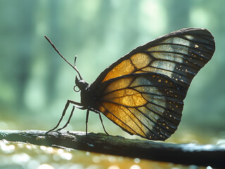 Butterfly with patterned wings resting on a branch in a green forest with dappled light shining through