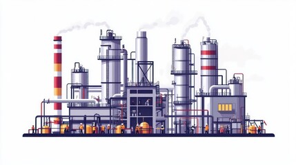 Industrial refinery complex with tall towers, pipes, and smokestacks.
