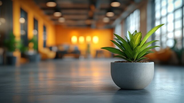 Small potted plant on a concrete floor in a modern, bright office.