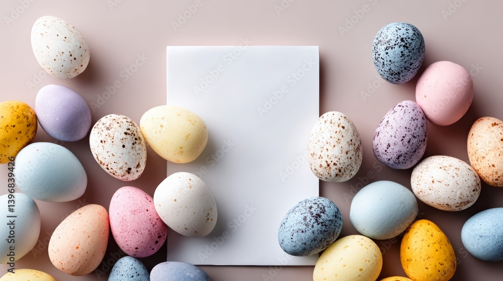 Poster white piece of paper with a few colorful eggs on it. the eggs are of different colors and sizes, and
