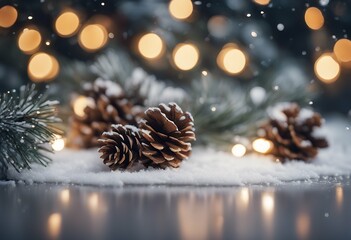 pinecones lights table christmas snowy branches fir pine cone season tree white snow happy spruce blue border abstract cold gold banner winter holiday new year invitation light background eve bokeh