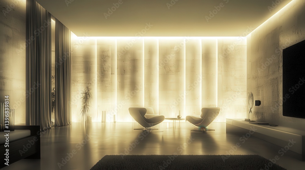 Poster contemporary room illuminated by a wall of light, creating a dynamic atmosphere that enhances the sl