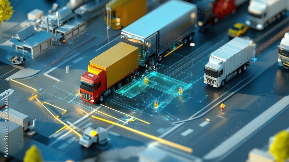 Poster smart city logistics autonomous trucks navigating a city intersection with digital network overlay.