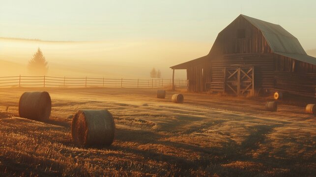 Rustic farm background an old wooden barn hay bales scattered across the field and a soft sunrise ideal for agriculture related websites sustainable farming projects and organic food branding