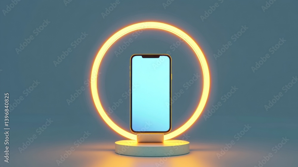 Poster smartphone with blank screen displayed in a glowing neon ring.
